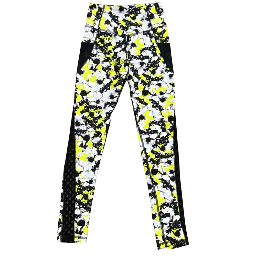 Eleven by Venus Williams Floral Print Athletic Leggings Black Yellow White S